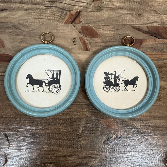 The Unbranded Brand Other - Set 2 Vintage Round Frame Silhouette Victorian Horse and Buggy Carriage Couple